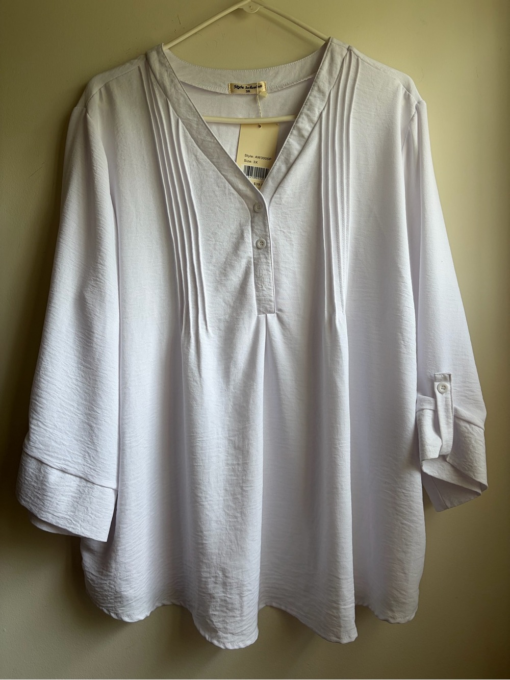 Style Infusion White Pintuck Pleated V-Neck Tunic Blouse Plus Size 3X Roll Tab